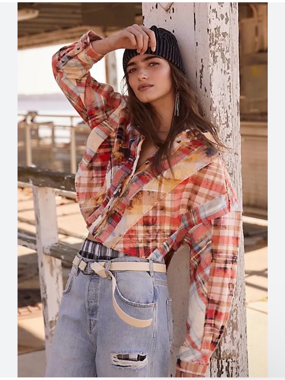 Free People We The Free cropped patchwork plaid flannel shirt